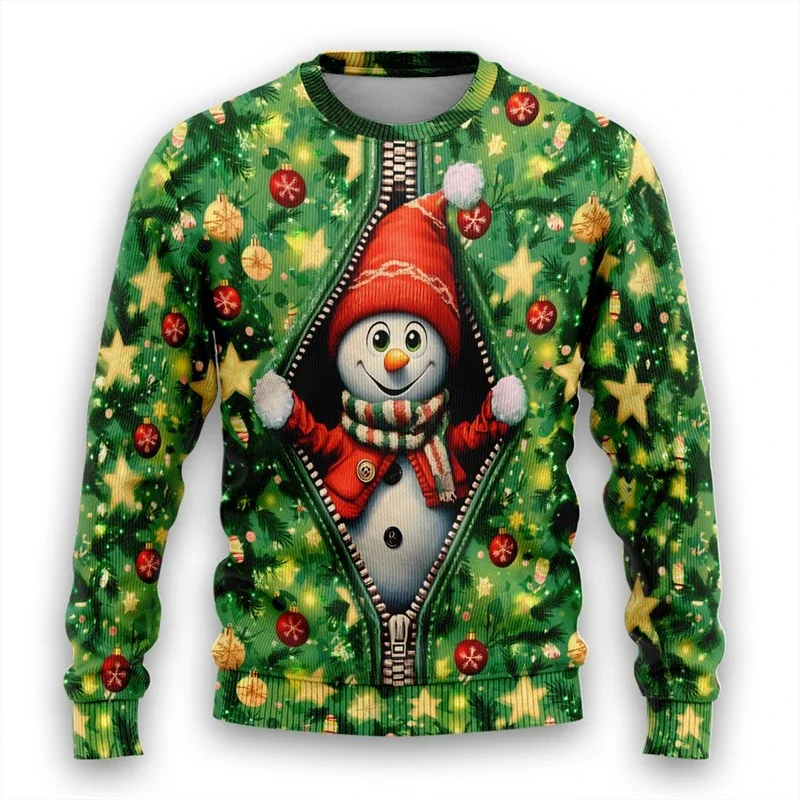 3D Print Fake Zip Up Snowman Santa Claus Graphic Pullover Sweatshirts Merry Christmas Ugly Sweater Top Male Xmas Hilarious Tops
