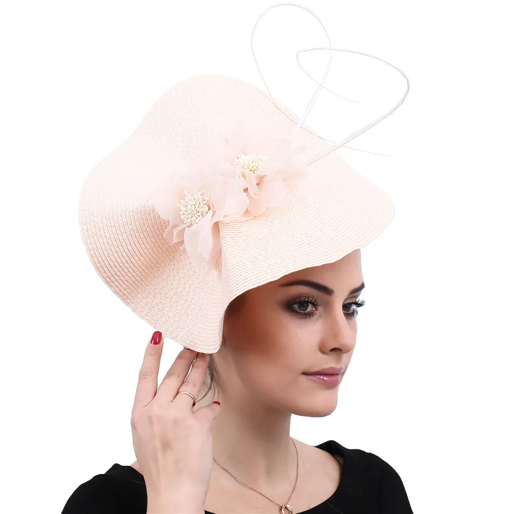 

Fashion New Women Flower Fascintor Derby Hat Imitation Straw Wedding Millinery Chapeau Caps Ladies Elegant Headpiece Headbands