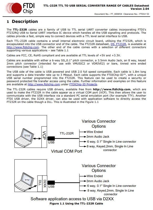 Official genuine TTL-232R-3V3 single row in-line connector USB cable FT232RQ