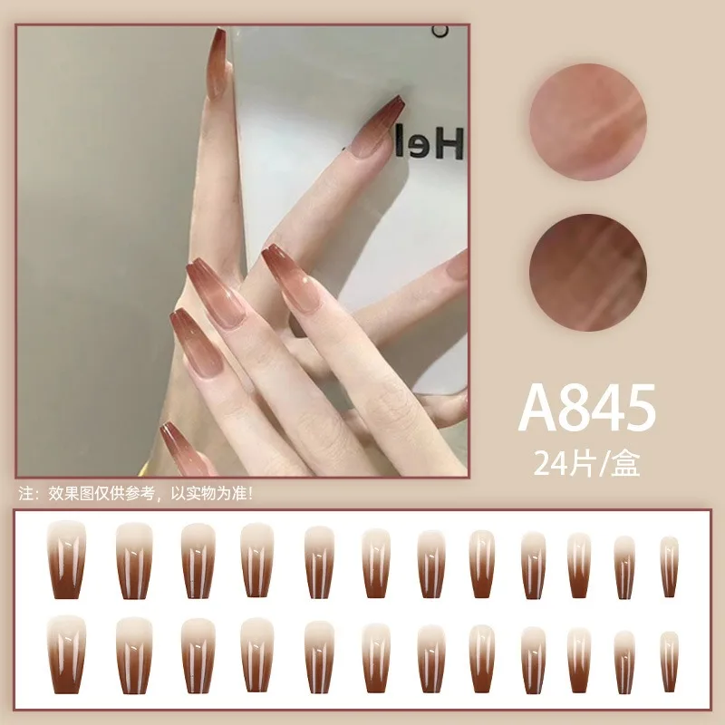 24 Uds. De uñas postizas de Ballet degradadas marrones con juego completo de herramientas, juego de uñas postizas simples y largas, uñas acrílicas de invierno con dijes