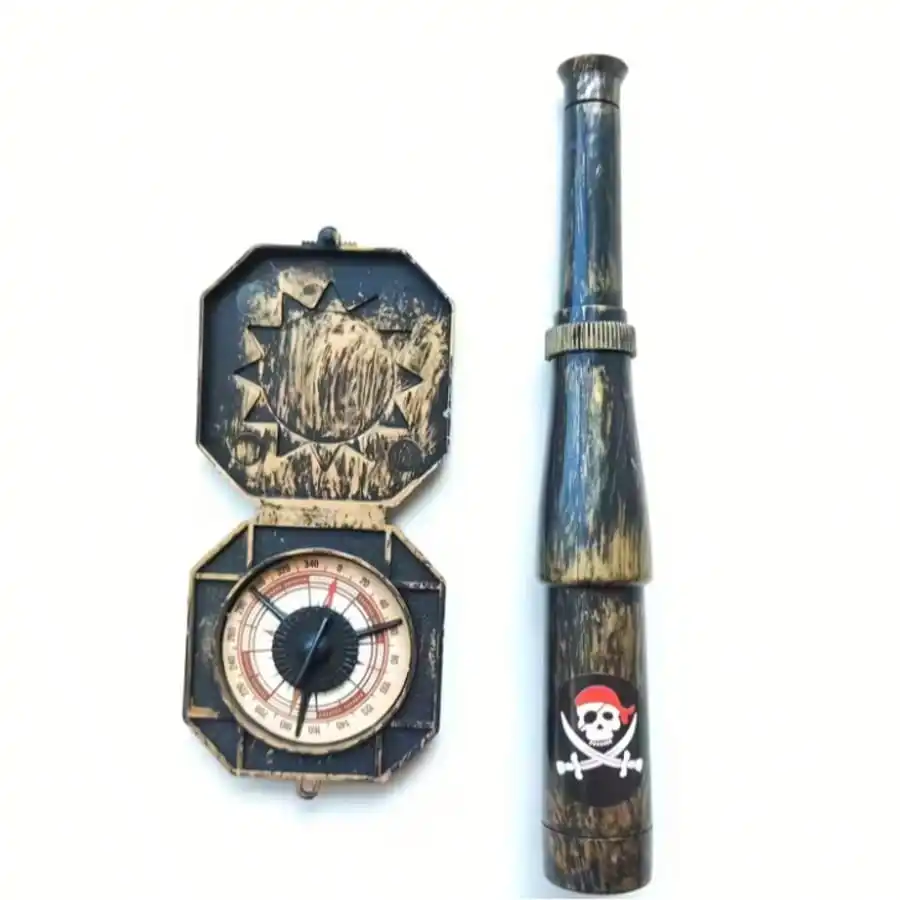 2Pcs Pirate Role Play Prop Set, Vintage Telescope & Compass Kit, Captain Eye Patch Decor, Treasure Hunt Adventure Accessories Fo