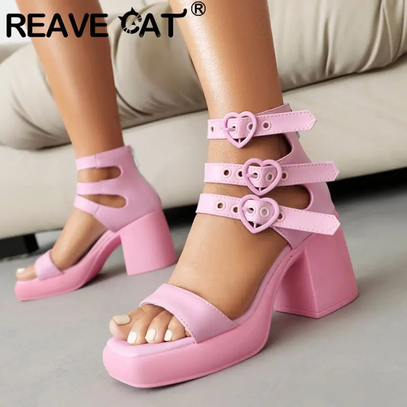 REAVE CAT Fashion Women Sandals Toe Chunky High Heels 8cm Platform Belt Buckles Decor 41 Daily Shoes