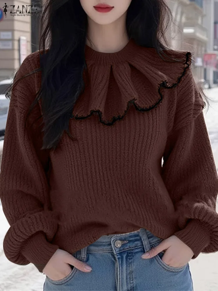 ZANZEA Sweety Ruffled Stitching Neck Tops Vintage Pit strip Knitted Tees Fashion Women Long Sleeve Blouse Holiday Korean T-shirt