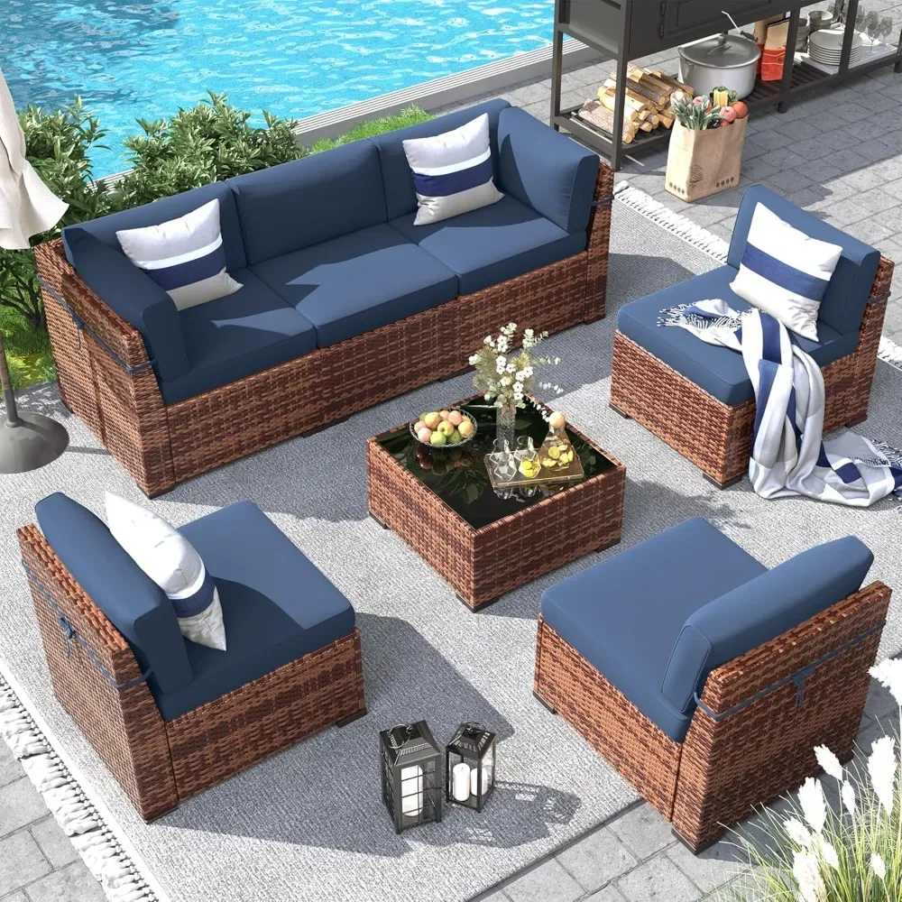 

Sofa 7 Pieces Outdoor Modular Conversation Wicker Sectional fAll Weather Rattan Patio Couch for Porch Garden Backyard Balcony