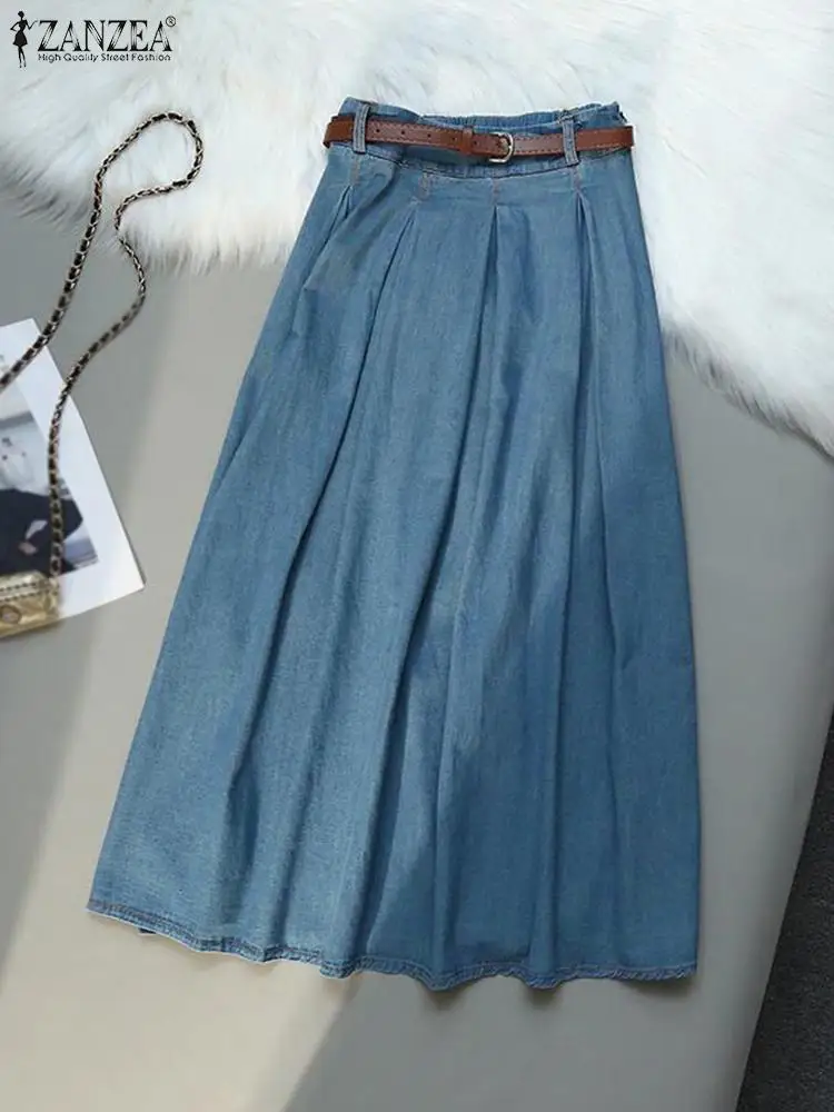 ZANZEA Women Elastic Waist A-line Overskirts Vintage Denim Skirt Korean 2024 Autumn Elegant Blue Pleated Jupe Retro Loose Faldas