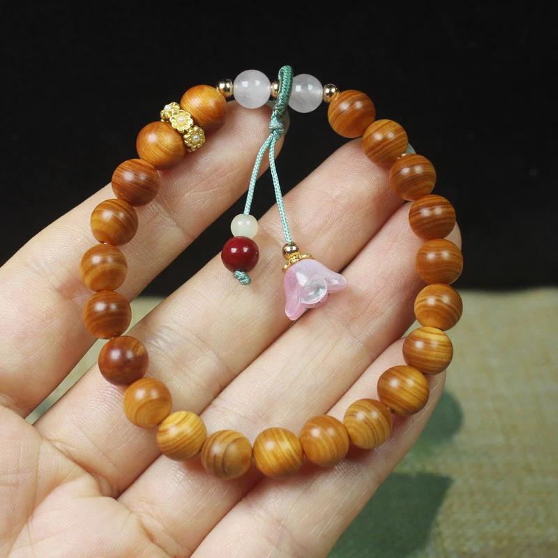 

Banyan wood high-oil content 8mm bracelet with pink flower pendant, women's Buddhist prayer beads
