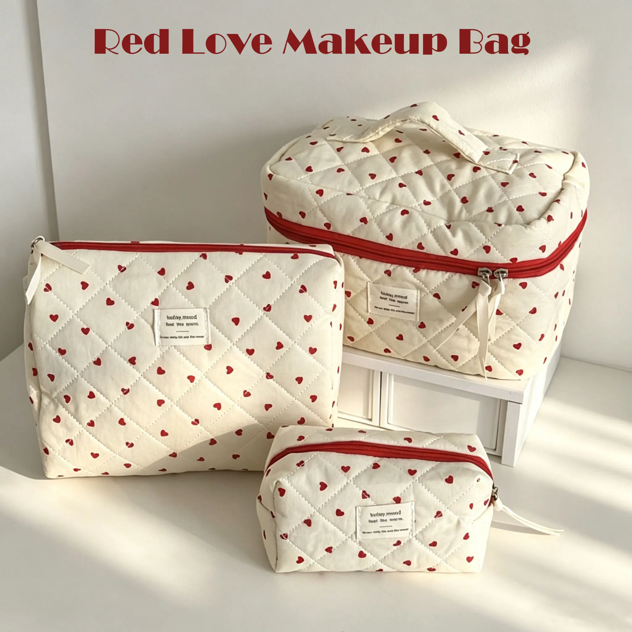 Portable Women Makeup Bag Red Love Makeup Storage Bag Multi-Functional Large Capacity Quilted Bag Travel Essential Storage Bag