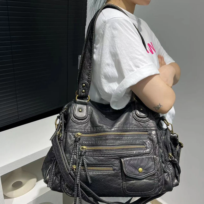 

SHELKSBAG Ladies Fashionable Retro Hand Bags Multi Pockets Moto Style Shoulder PU Leather Crossbody New Large Capacity Tote Bag