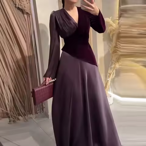 Ladies V-neck Long Sleeved High Waist Party Dress Fashion Patchwork Pleated Spring Maxi Dress 2026 Elegant Swing Evening Dresses