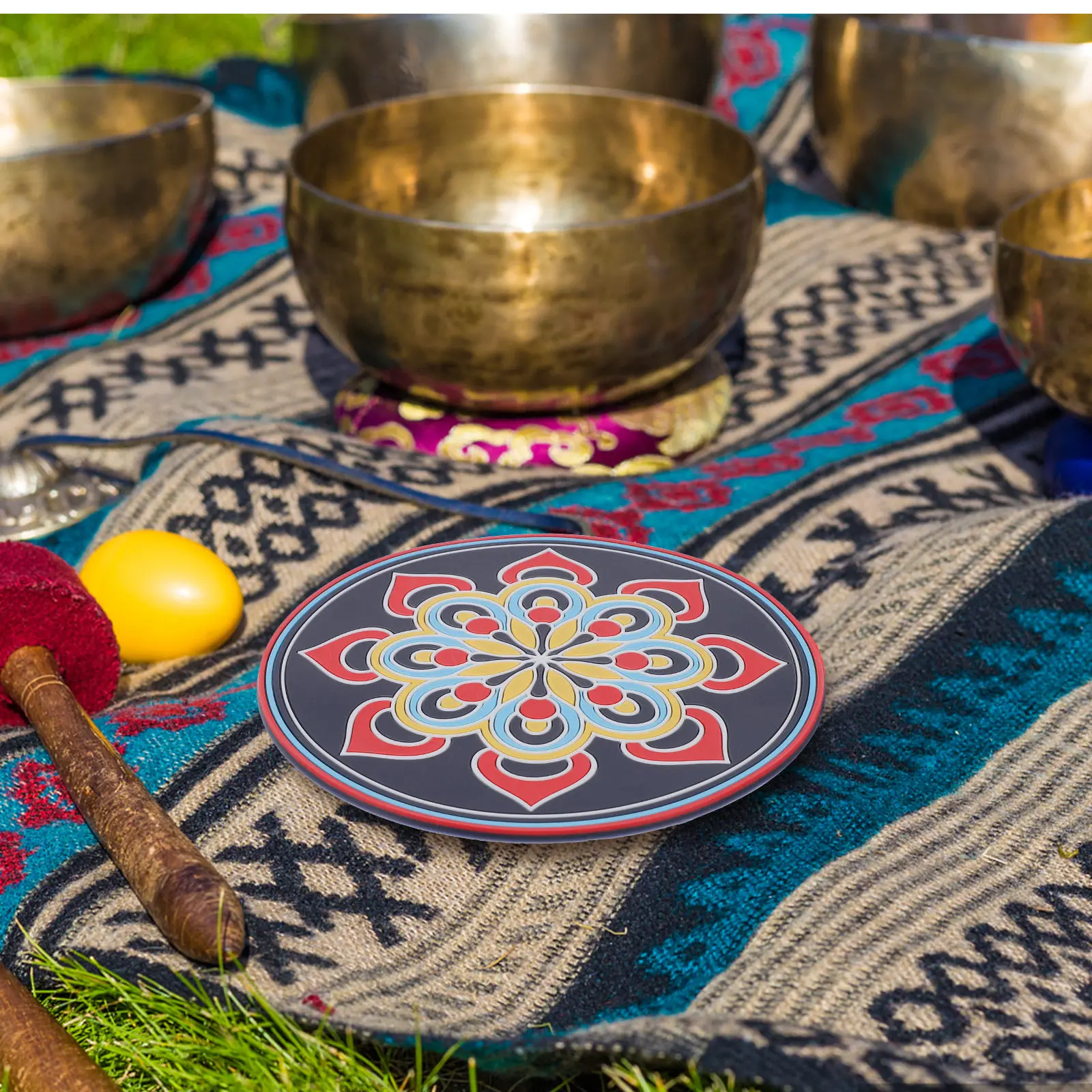 Meditation Bowl Pad Round Cushion PVC Material Sound Bowls Instruments Religious Accessories Embroidery Pattern Decorative