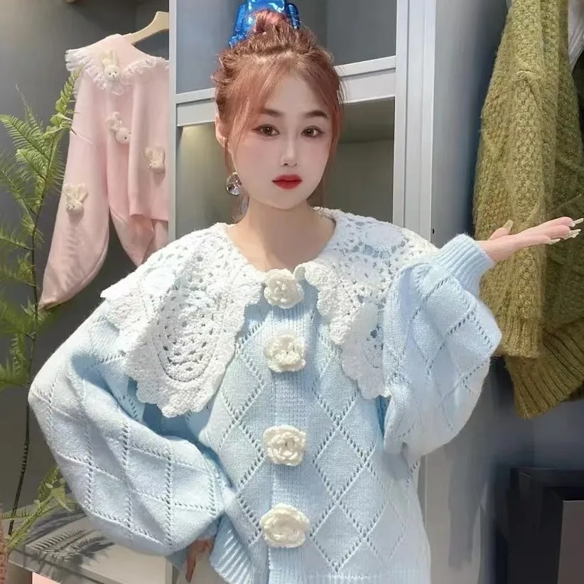 

Вязаный свитер с милым кукольным воротником, пальто, женский открытый кардиган, весна-осень 2023, модный высококачественный топ