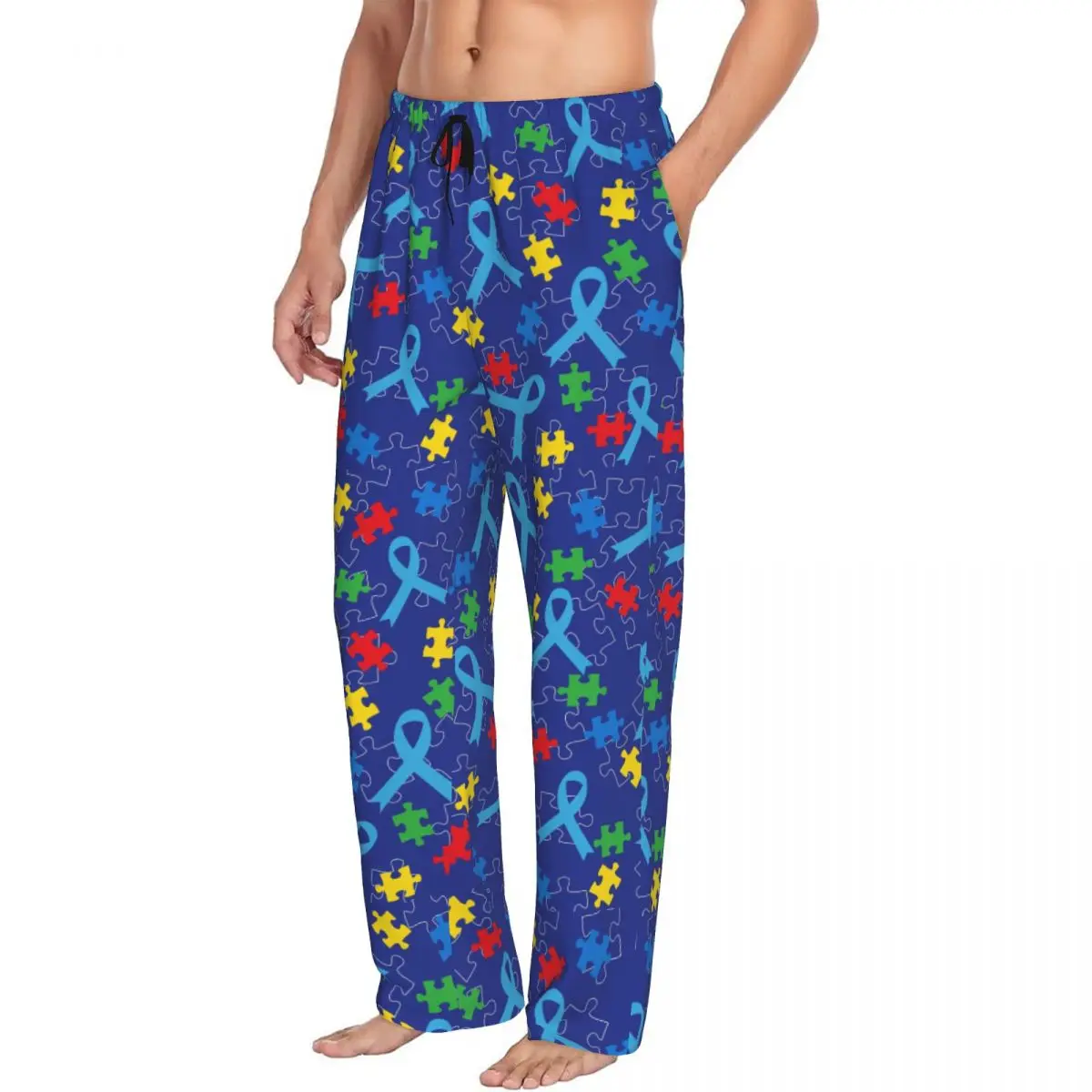 Custom Printed Autism Puzzle Piece Ribbon Pattern Pajama Pants Men's Sleep Sleepwear Bottoms with Pockets