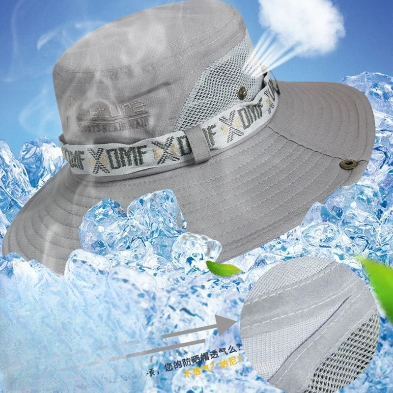 Summer Men Bucket Hat Outdoor UV Protection Wide Brim Panama Safari Hunting Hiking Hat Mesh Fisherman Hat Beach Sunscreen Cap