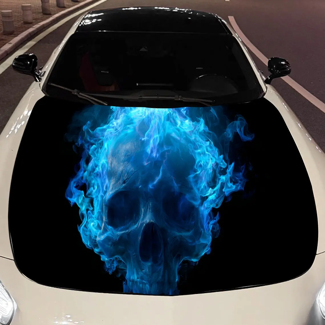 

Classic Blue Flame Skull Car Engine Hood Sticker, Auto Vinyl Wraps, Waterproof Self-adhesive Vehicle Decal, Durable & Anti-scrat
