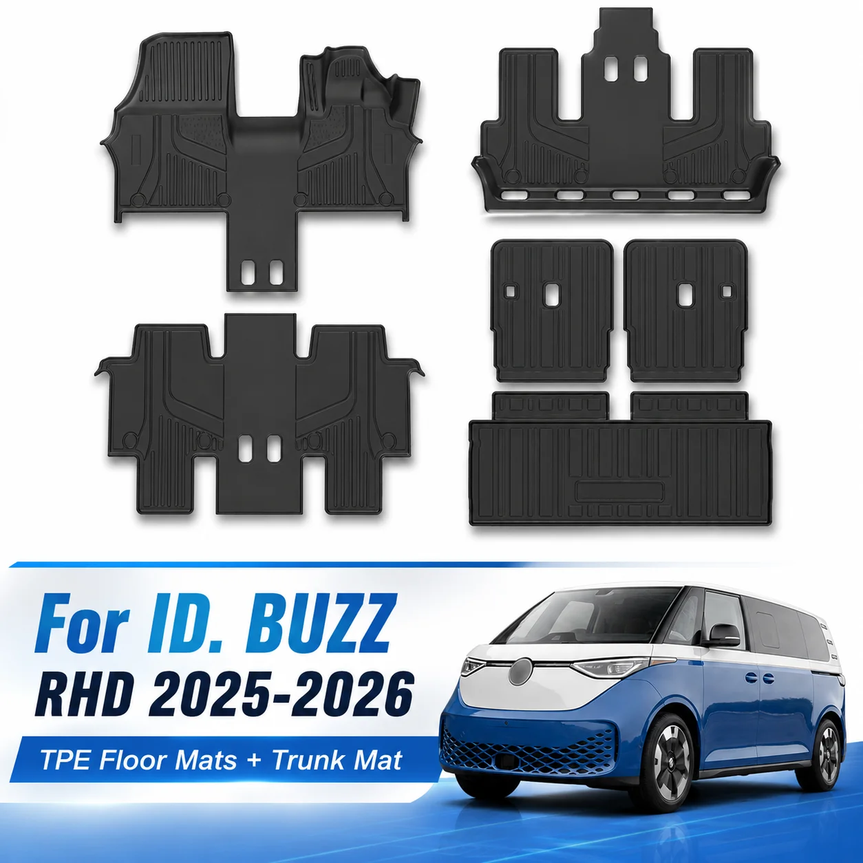 TPE Floor Mats Cargo Trunk Liner Seat Back Protector Set for VW ID BUZZ 2025 2026 RHD Right Hand Drive All Weather Waterproof