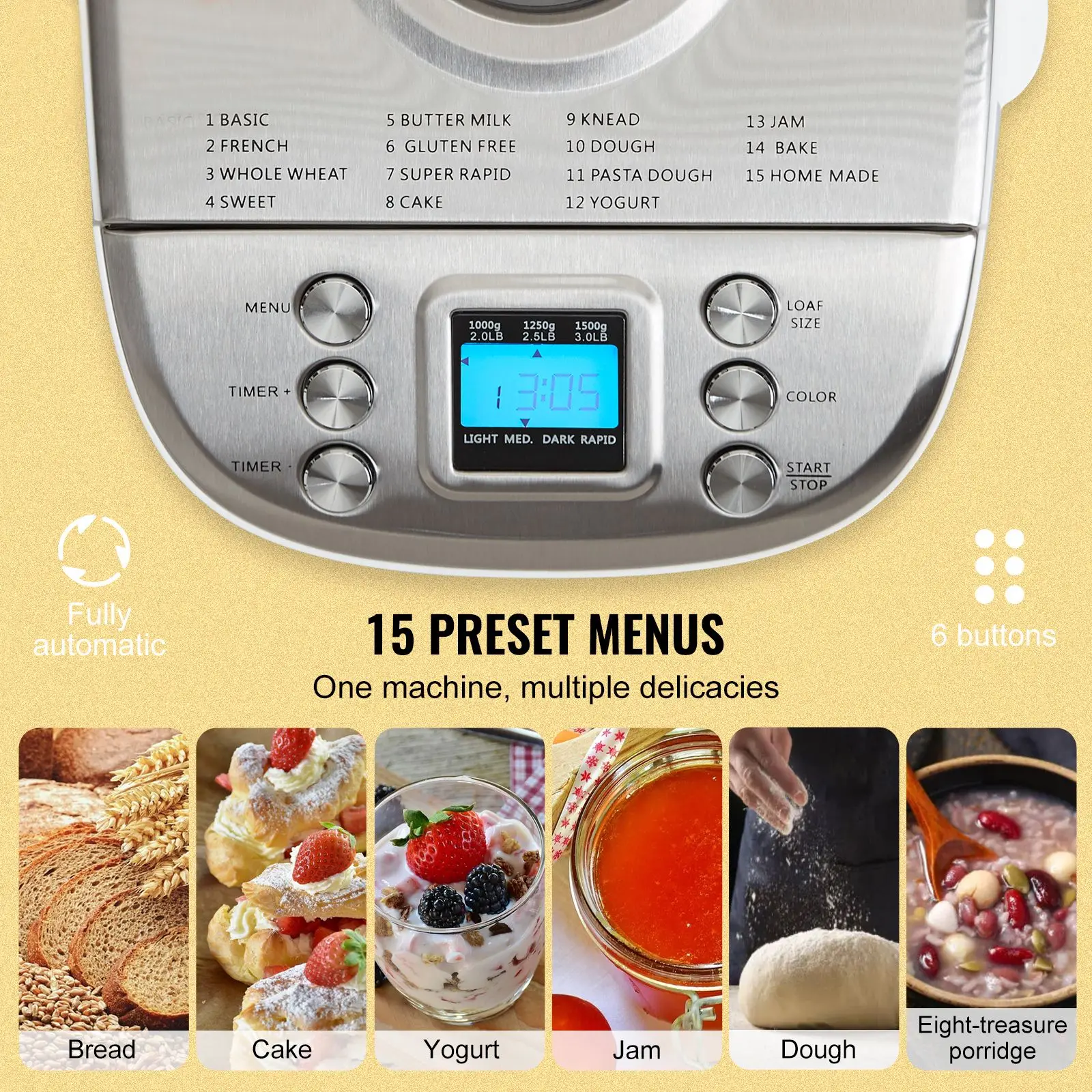 Bread Maker, 15-in-1 3LB Dough Machine, Nonstick Ceramic Pan Automatic Breadmaker with Gluten Free Setting, Whole Wheat Bread Making, Digital, Programmable, 3 Loaf Sizes, 3 Crust Colors, White