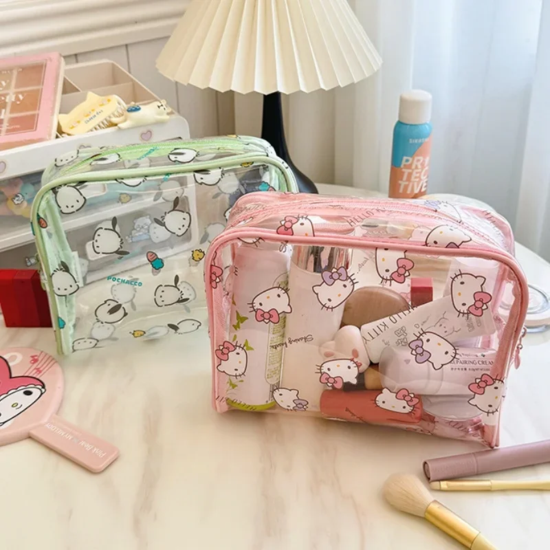 Sanrios Hellokittys Cartoon Transparent Makeup Bag My Melody Kuromi Anime Kawaii Large Capacity Cute Portable Travel Storage Bag