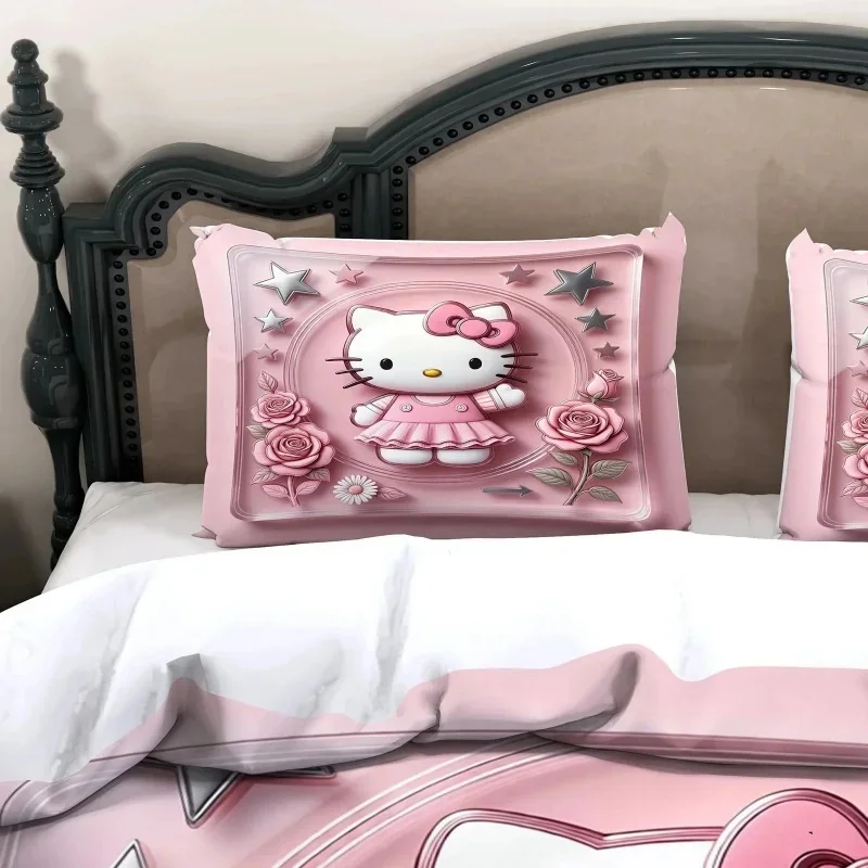 Hello Kitty Duvet Cover Set 3D Pink Rose Printed Bedding Set For Girls Bedroom Soft Polyester Bed Linens