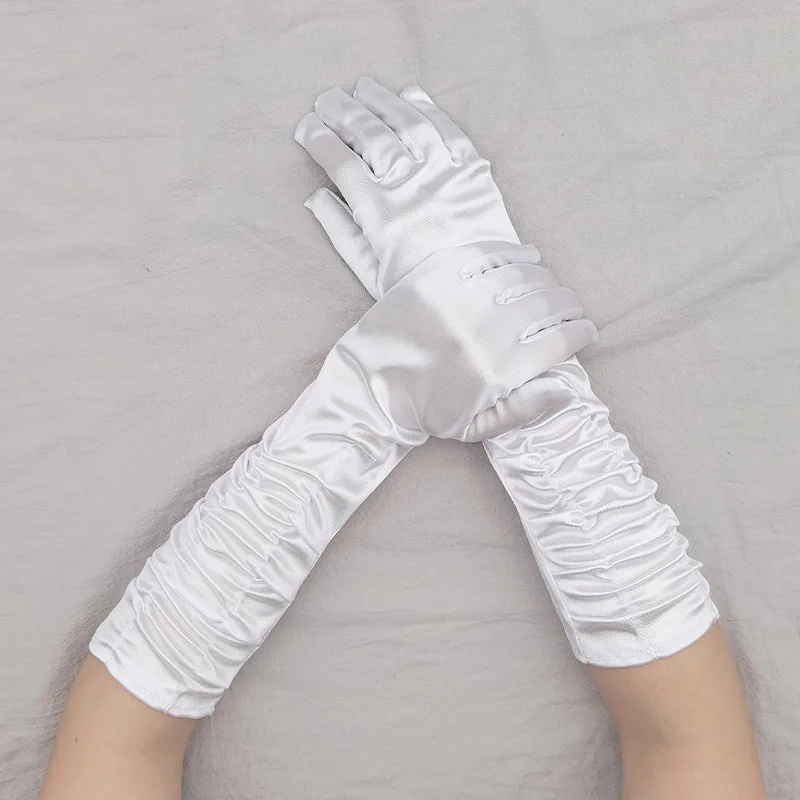 Satin Wedding Gloves Pleated Bridal Gloves Elegant For Women Stage Performance Formal Dress Gloves For Bride Costume Comfort Fit