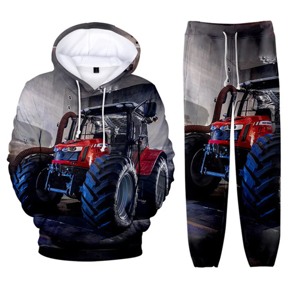 Conjunto de chándal con estampado 3D de Tractor, sudadera informal con capucha y pantalones, 2 piezas, primavera y otoño, 2024