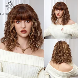 BLONDE UNICORN Brown Blonde Short Wave Synthetic Wig With Bangs Bob Wig Daily Use for Women Cosplay Heat Resistant Fiber Hair