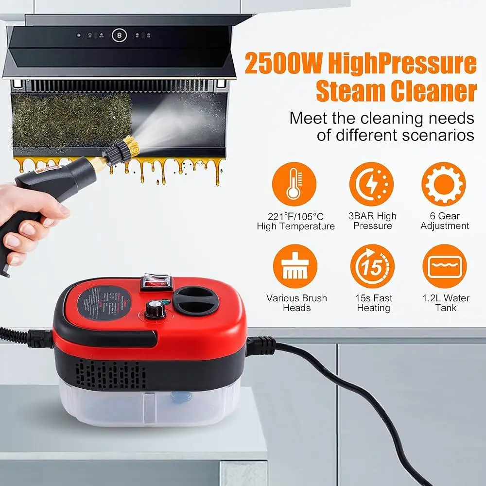 منظف بخار محمول بالضغط العالي 2500 وات تسخين سريع 15 ثانية تنظيف عميق 6 سرعات قابلة للتعديل منظف متعدد الأسطح 9 قطعة