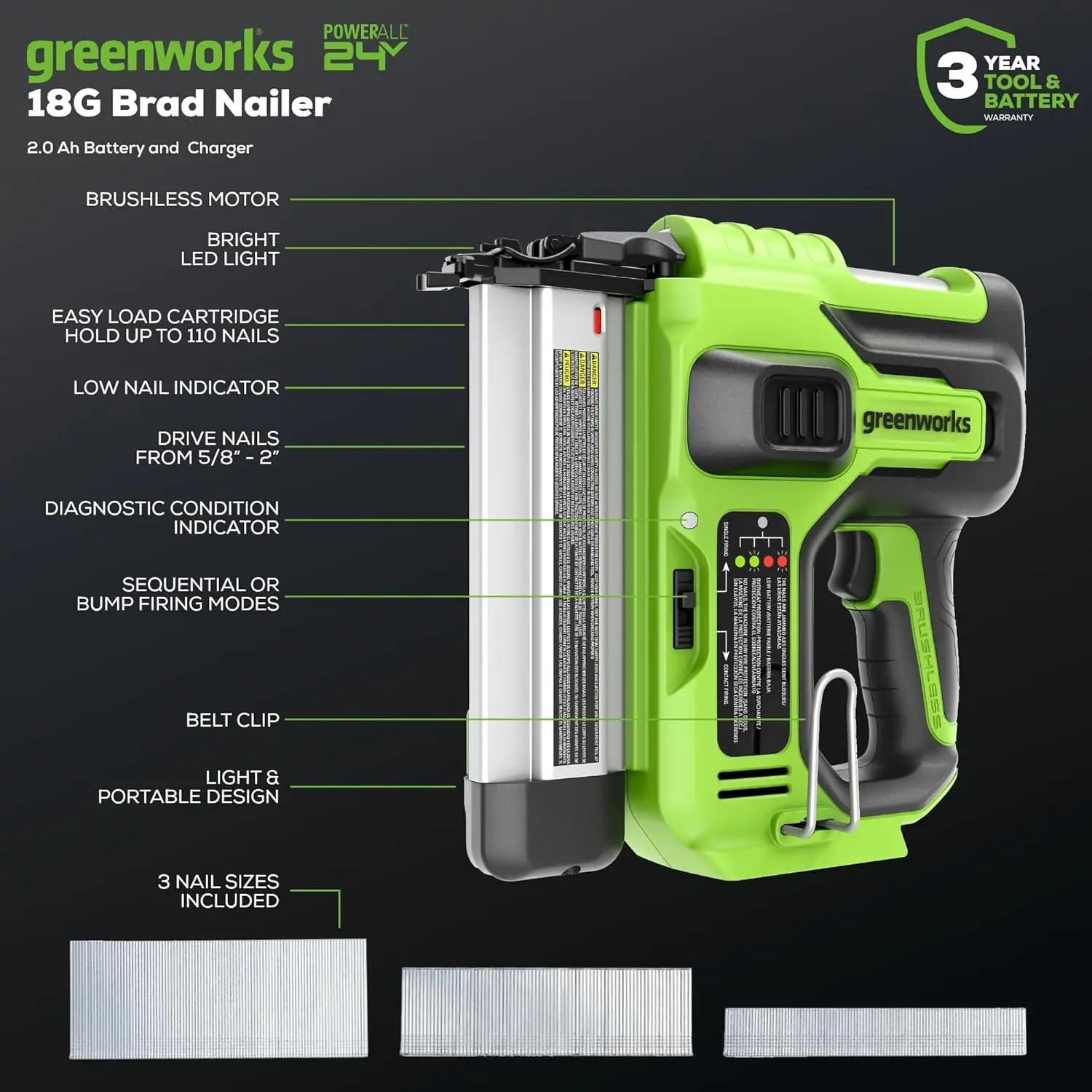 24V 18 Gauge Brushless Brad Nailer Gun, Cordless Finish Nailer, Staple Gun Cordless With 2Ah Battery And 2A Charger