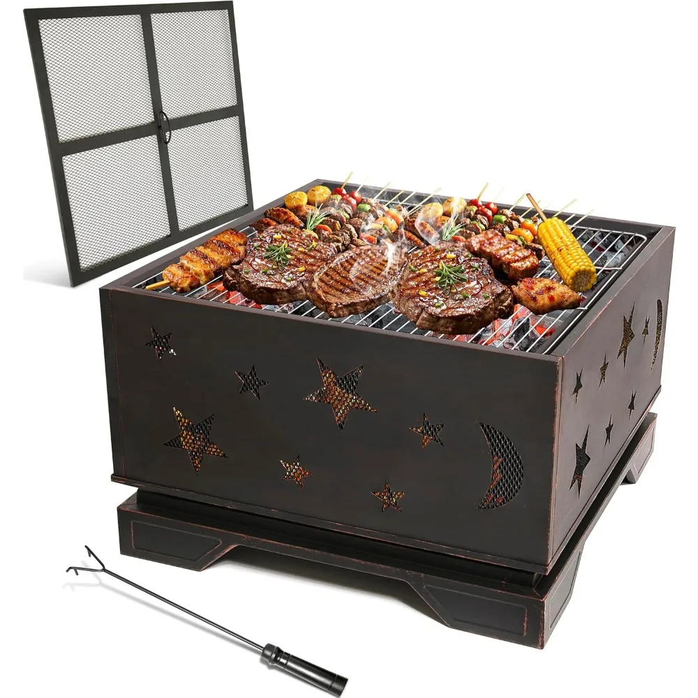 

Fire Pit BBQ Charcoal Grill, 26 Inch Outdoor Extra Deep Wood Burning Firepit with Poker