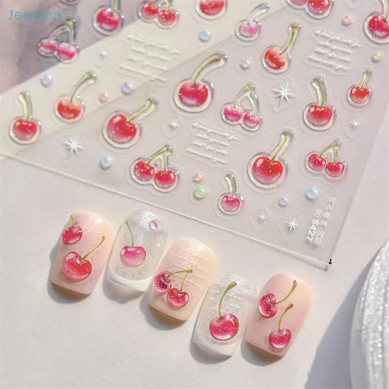 ♥ Autocollants 3D cerise pour Nail Art, décalcomanies de fruits scintillants pour décorations d'ongles à faire soi-même, accessoires de manucure auto-adhésifs