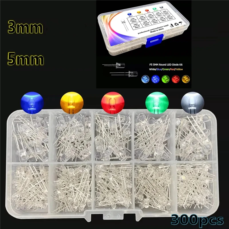 300 pcs 5 colors F3+F5mm LED light-emitting diode white red, yellow, blue, green and white lamp set boxed