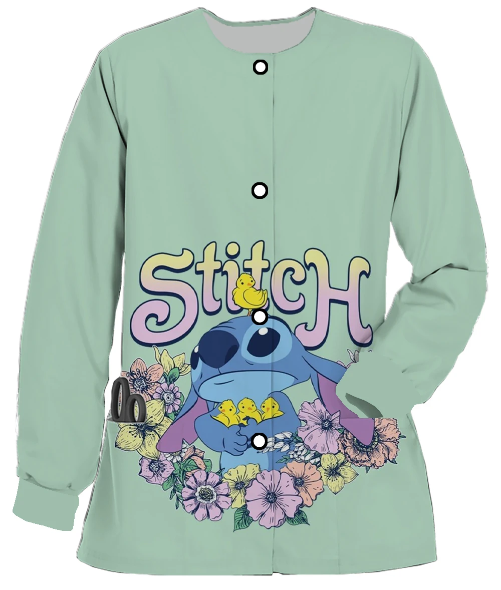 

Dentist Work Clothes Disney Stitch Cartoon Print Autumn and Winter Women's Double Pocket Long Sleeve Work Clothes Nurse Jacket