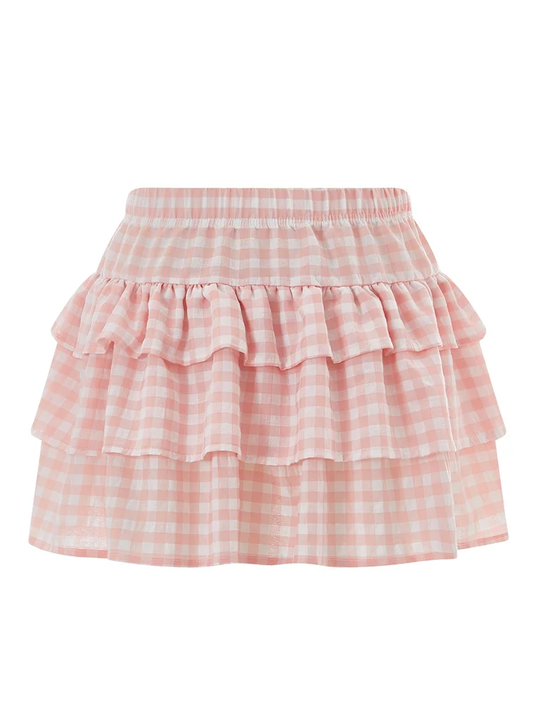 CHRONSTYLE Women Aesthetic Plaid Print Mini Skirts High Waist Pleated A Line Short Skirts y2k Boho Layered Ruffles Beach Skirts