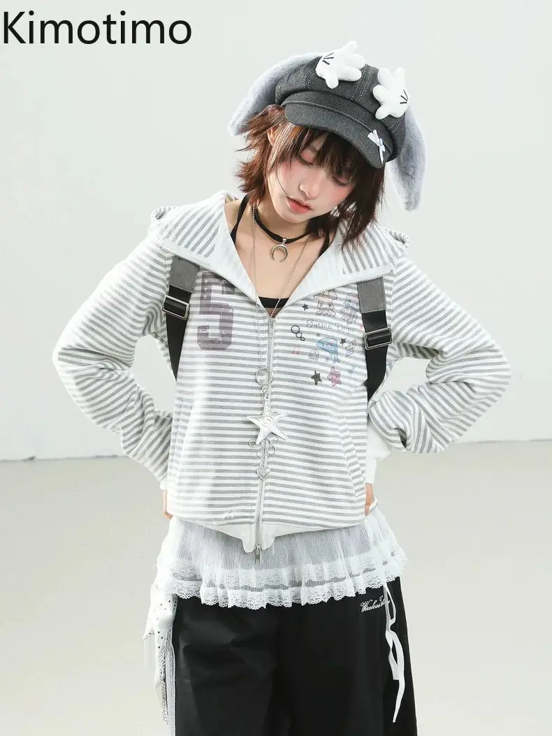 

Kimotimo полосатые толстовки на молнии с мультяшным принтом, женские осенние новые милые Y2k, эстетические пальто с капюшоном и ушками, винтажные повседневные толстовки