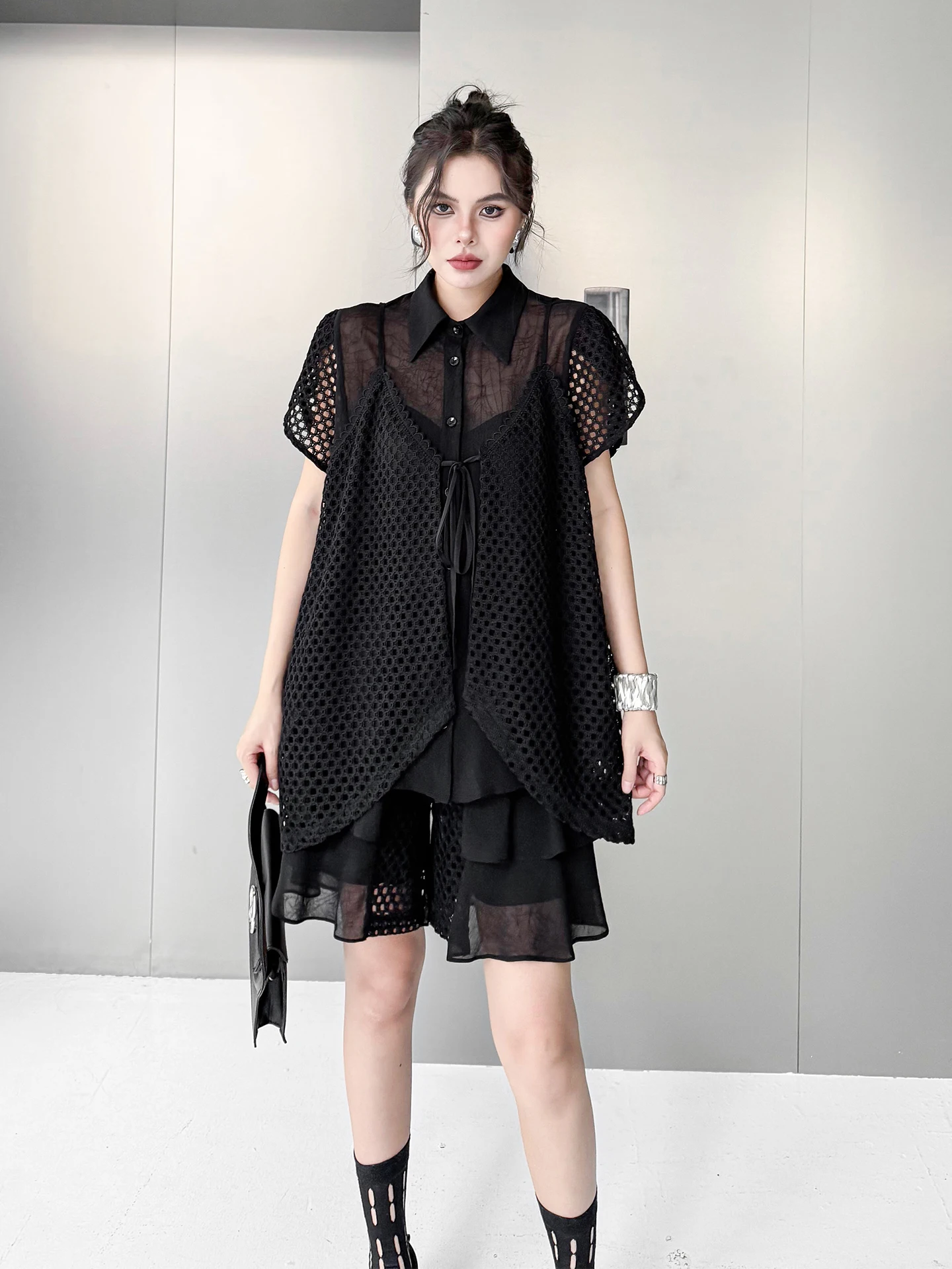 Dark Lace Hollow out Women's Summer Shirt Shorts Two-Piece Set Loose Fit Fashionable Ensemble Short Sleeve Button-Up Top