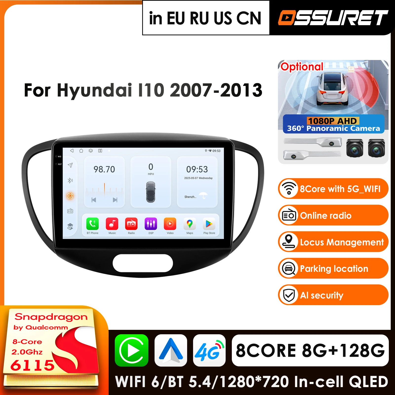2Din 360Camera Car Intelligent System Android 14 Car Radio for Hyundai I30 2007-2013 Multimedia Player Autoradio Carplay 4G WIFI
