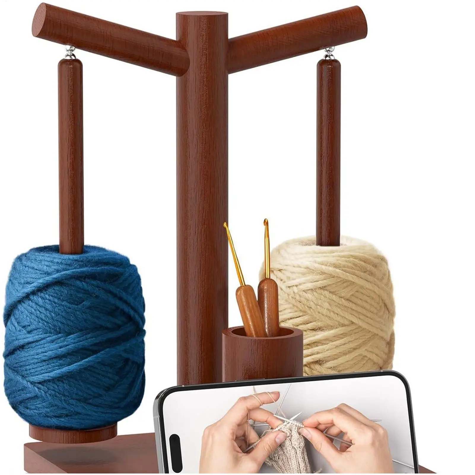 

Crochet Yarn Holder Magnetic Rotating Wooden Knitting Spinner Crochet Yarn Holder With Phone Stand And 2 Spindles For Knitter