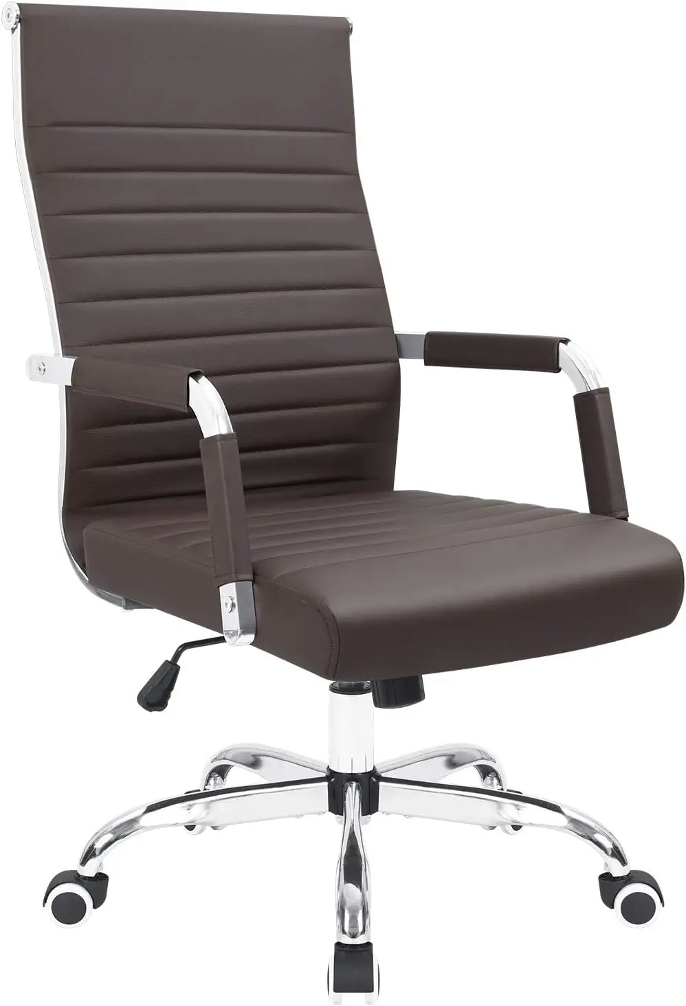 Ribbed Office Desk Mid Back Computer Chair Height Adjustable Conference Executive Task Swivel PU Leather (Brown)