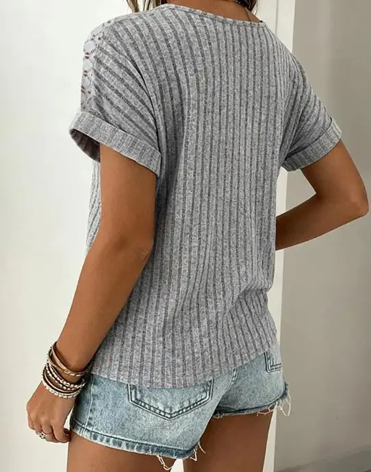 

Top Women 2026 New Spring Summer Solid Color Lace Spliced Round Neck Rolled Cuffs Tee Casual Short Sleeve Ribbed Brushed Top