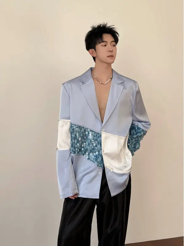 New Chinese Sle Long Sve Blue Patchwork iny Sequin Satin Smooth Men Women Acetate Fringe Coat Youth ular Streetwear