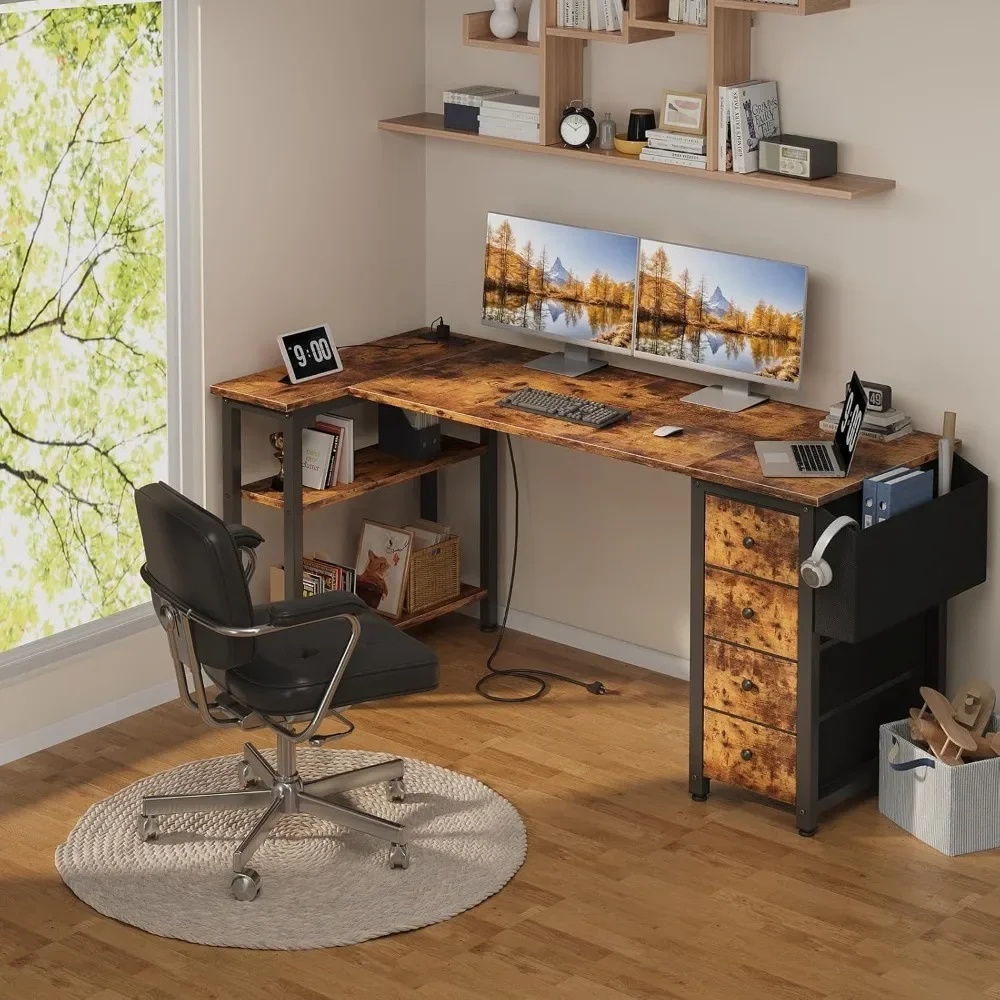 

L-shaped computer desk with drawers and storage shelves, corner table with power socket, teen computer desk with fabric drawers