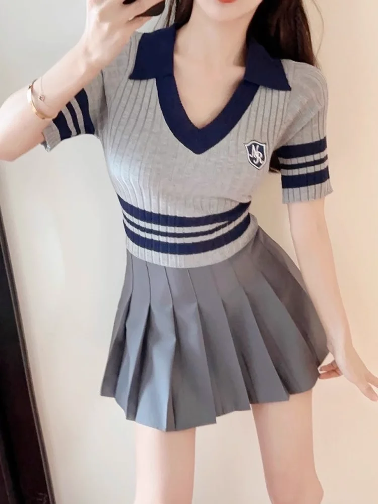 

Sweet Two-piece Skirt Sets Aesthetics Y2k Clothing Polo Shirt Knit Short Sleeve T-shirt Mini Pleated Skirt Women Crop Tops Suits