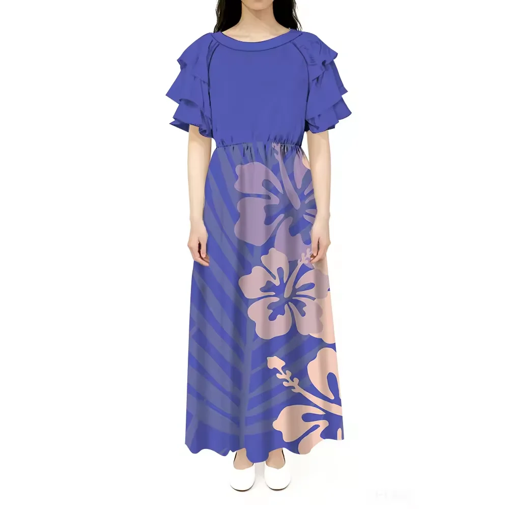 2025 Brand New Design Casual Island Dress Custom Polynesian Design Womens Long Dress Double Layered Frill Short Sleeve Dress