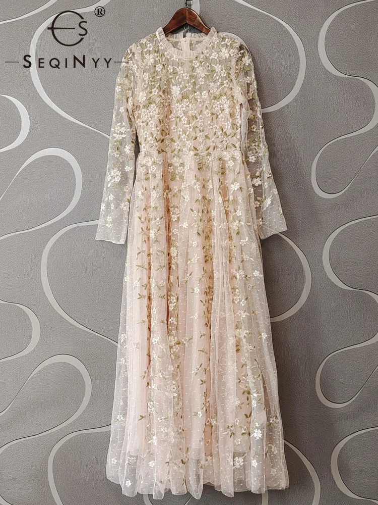 SEQINYY Party Long Dress Summer Spring New Fashion Design Women Runway High Quality Embroidery Flowers Mesh Elegant A-Line