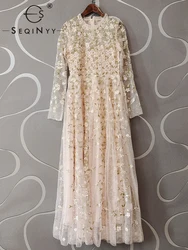 SEQINYY Party Long Dress Summer Spring New Fashion Design Women Runway High Quality Embroidery Flowers Mesh Elegant A-Line