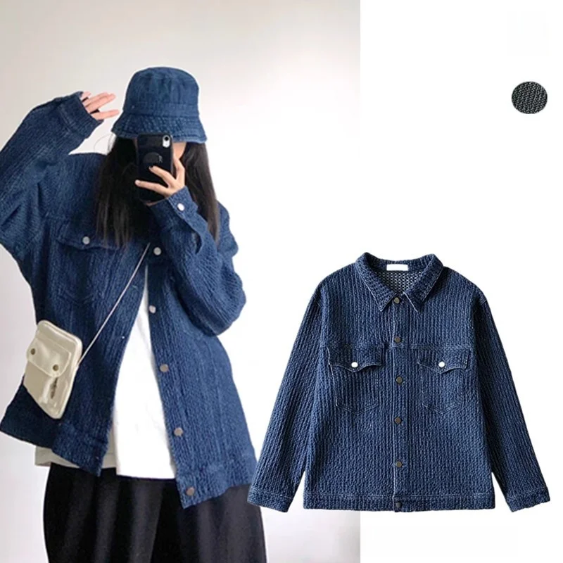 

Свободная темно-синяя женская верхняя одежда из искусственной кожи с джатовым воротником и вышивкой в стиле ретро, длинная све, стандартного кроя