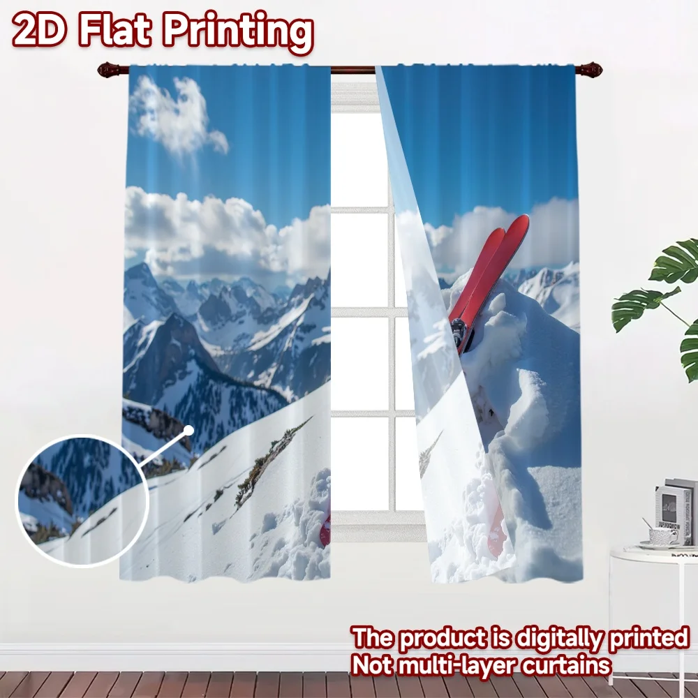 2D flat 2pcs Curtain Country Style Red Skis on Snow Digitally printed polyester Festive Holiday Perfect for Drapes for Bedroom