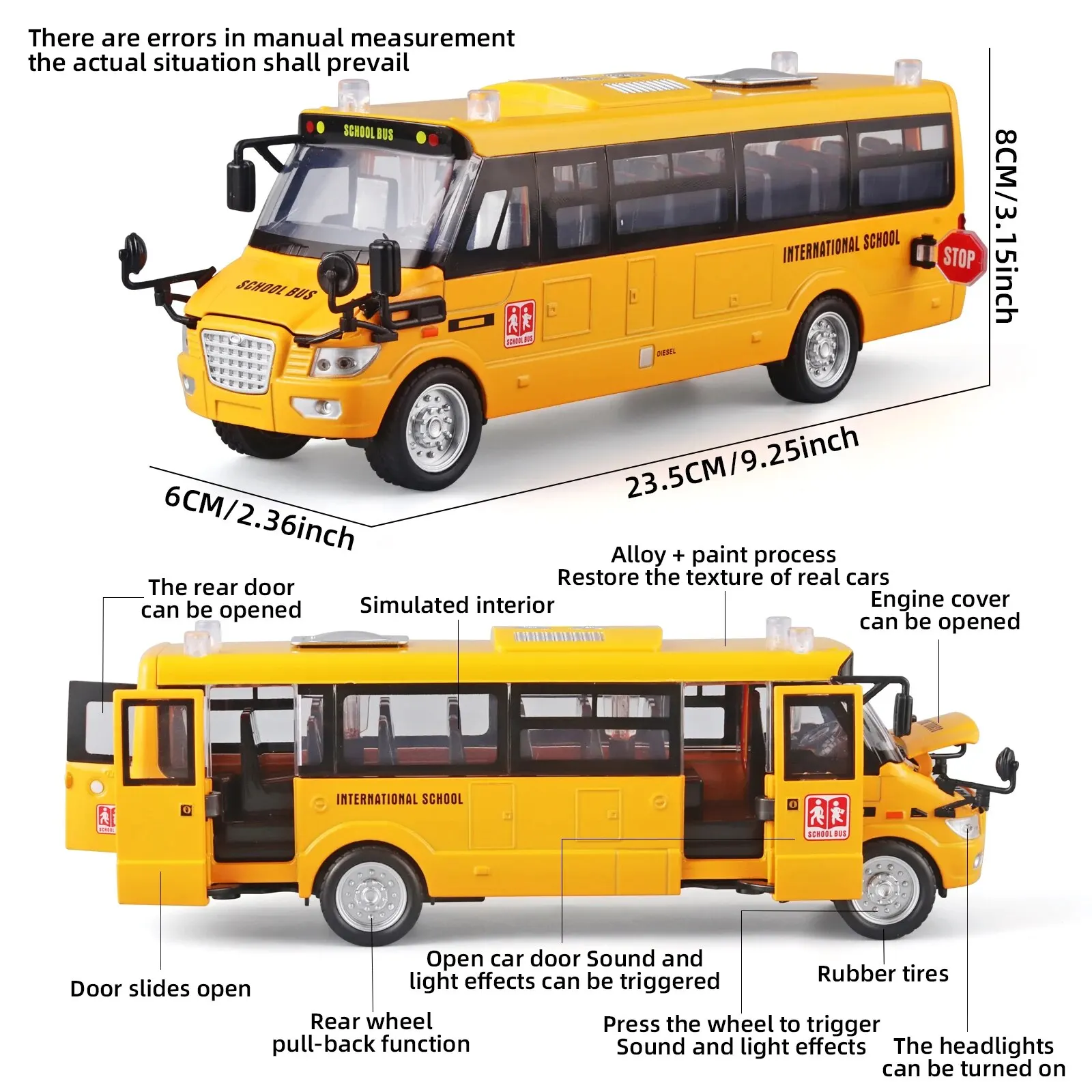 1:24 School Bus Toy, Die Cast Pull Back 9\'\' Model Cars, with Lights & Sounds, Openable Doors, Large Yellow Metal Toy Vehicle