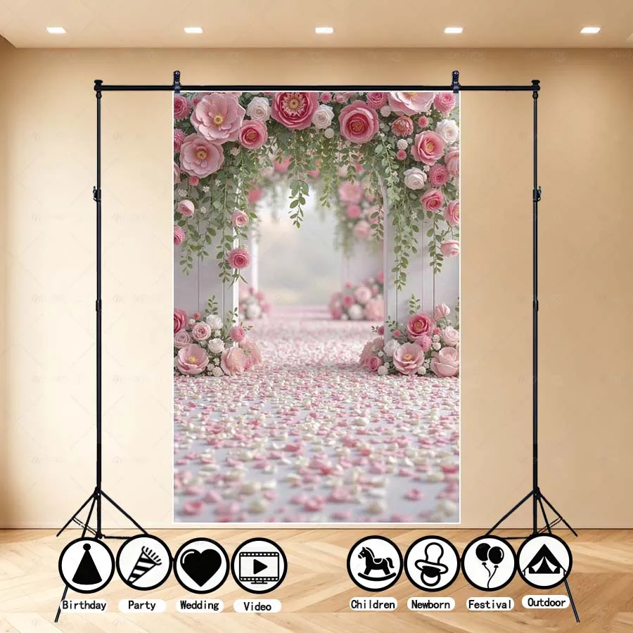 

MOON.QG Floral Frame Backdrop Pink Flower Garden Arch Photo Background Photography Accessories Shooting Props Portrait Wedding
