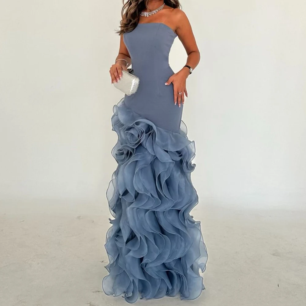 Temperament Pleats Ruffles Tiered Evening Dresses Modern Mermaid Strapless Jersey Light Blue Prom Gowns فساتين سهره نسائيه فخمة