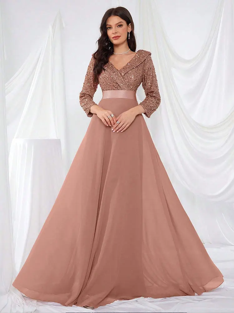 Long-sleeved V-neck sequined shiny chiffon floor-length evening dress autumn shiny bridesmaid banquet evening dress Prom Gown